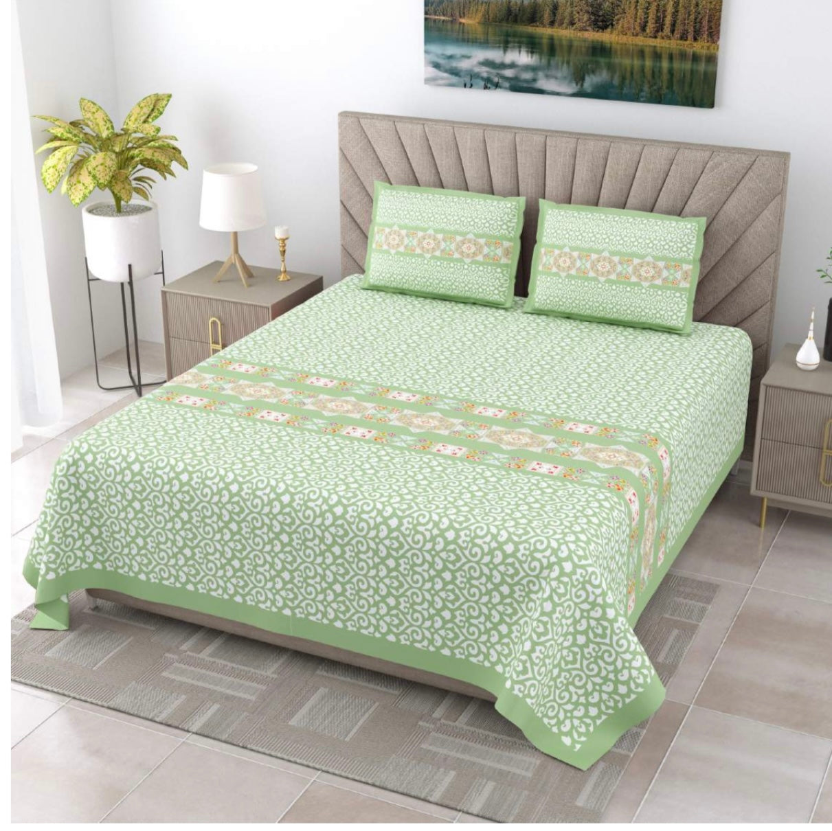 Pastel Green King Size Double Bed Sheets with 2 Pillow Cover