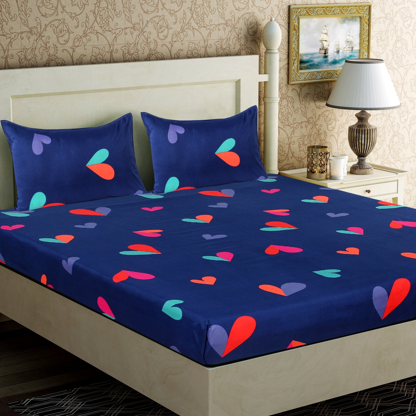 Blue Heart Double Bedsheet with 2 Pillow Covers