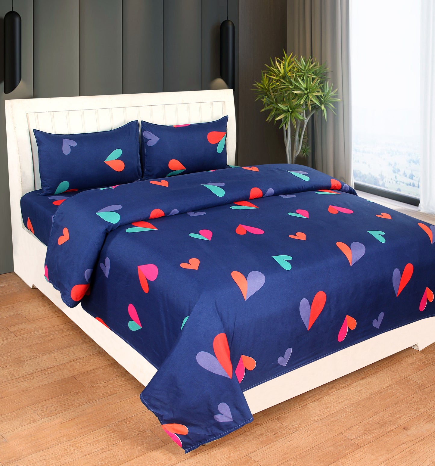 Blue Heart Double Bedsheet with 2 Pillow Covers