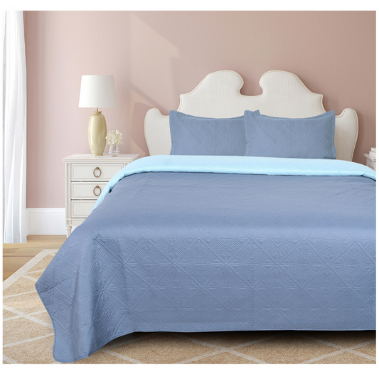 Light Blue Quilt Set Bedcover Queen Size 3 Pieces, Reversible Lightweight Microfiber Bedspreads for All Season- Soft Summer Coverlet Set with 2 Pillow Cover