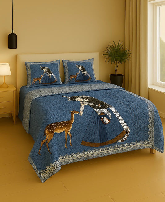 Blue Pure Cotton Semi King Size Double Bed Sheets with 2 Pillow Cover