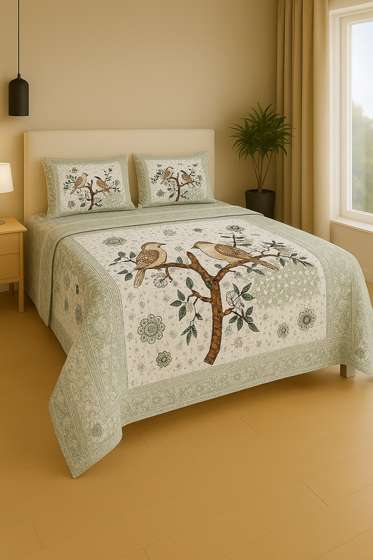 Green Pure Cotton Semi King Size Double Bed Sheets with 2 Pillow Cover