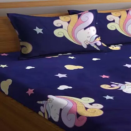 Cloud Stars Printed King Size Fitted Bedsheet with 2 Pillow Cover